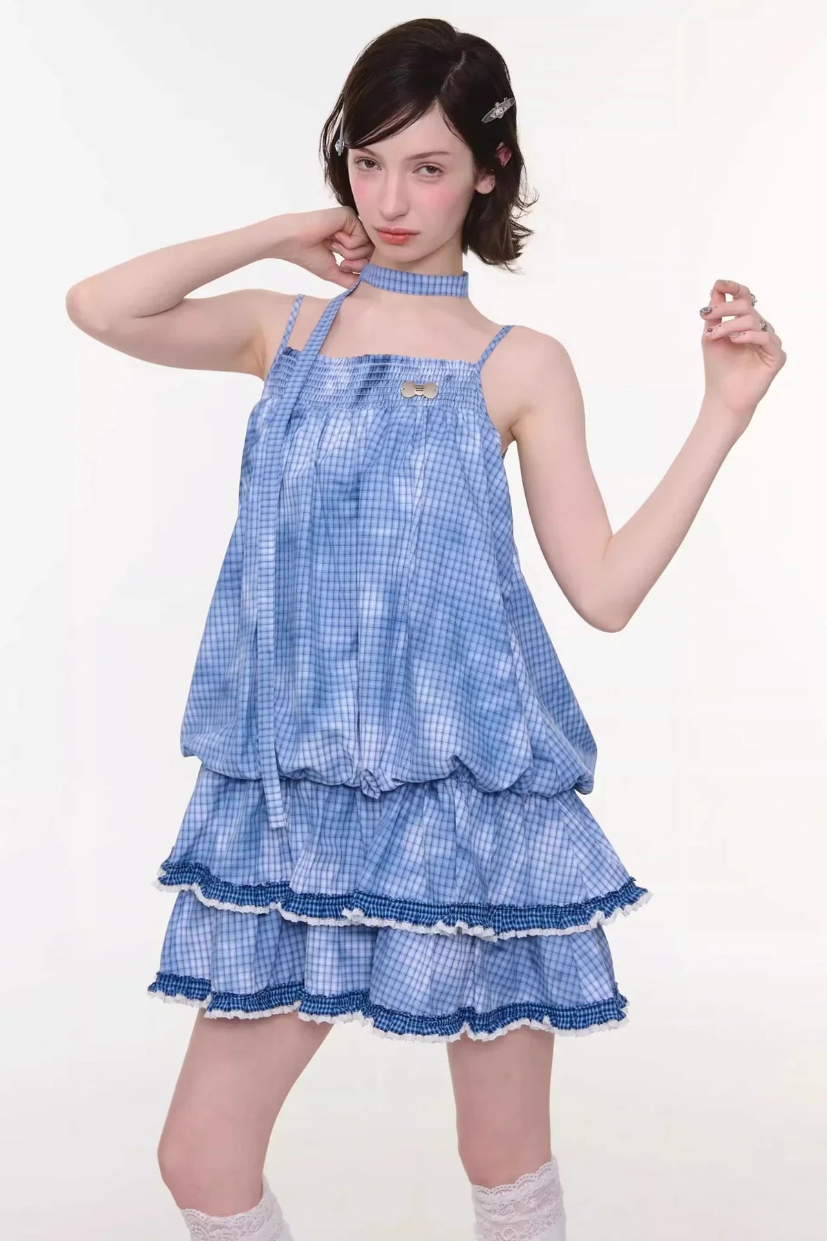 Summer Blue Plaid Lace Dress