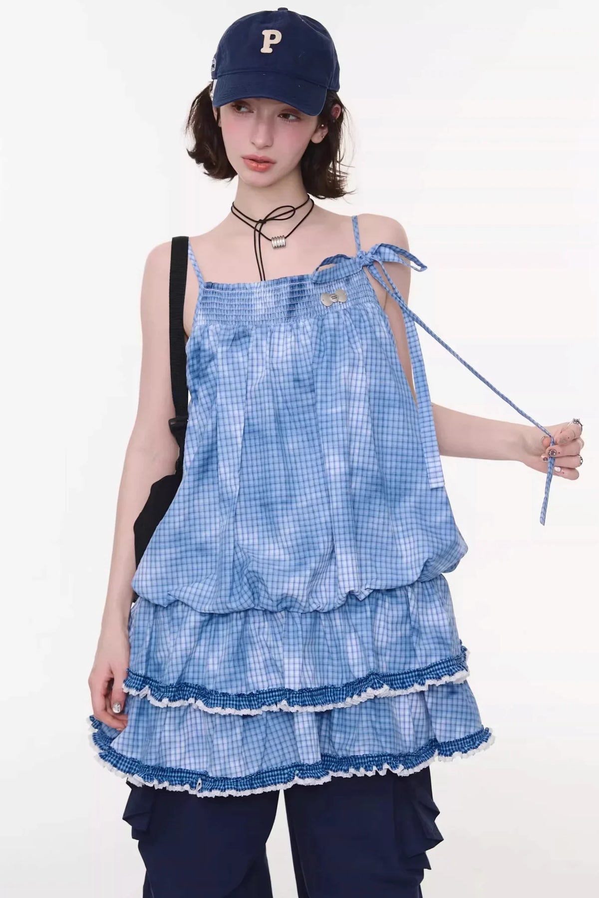 Summer Blue Plaid Lace Dress