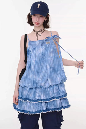 Summer Blue Plaid Lace Dress