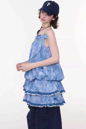 Summer Blue Plaid Lace Dress