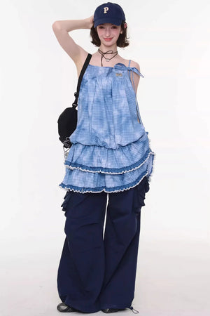 Summer Blue Plaid Lace Dress