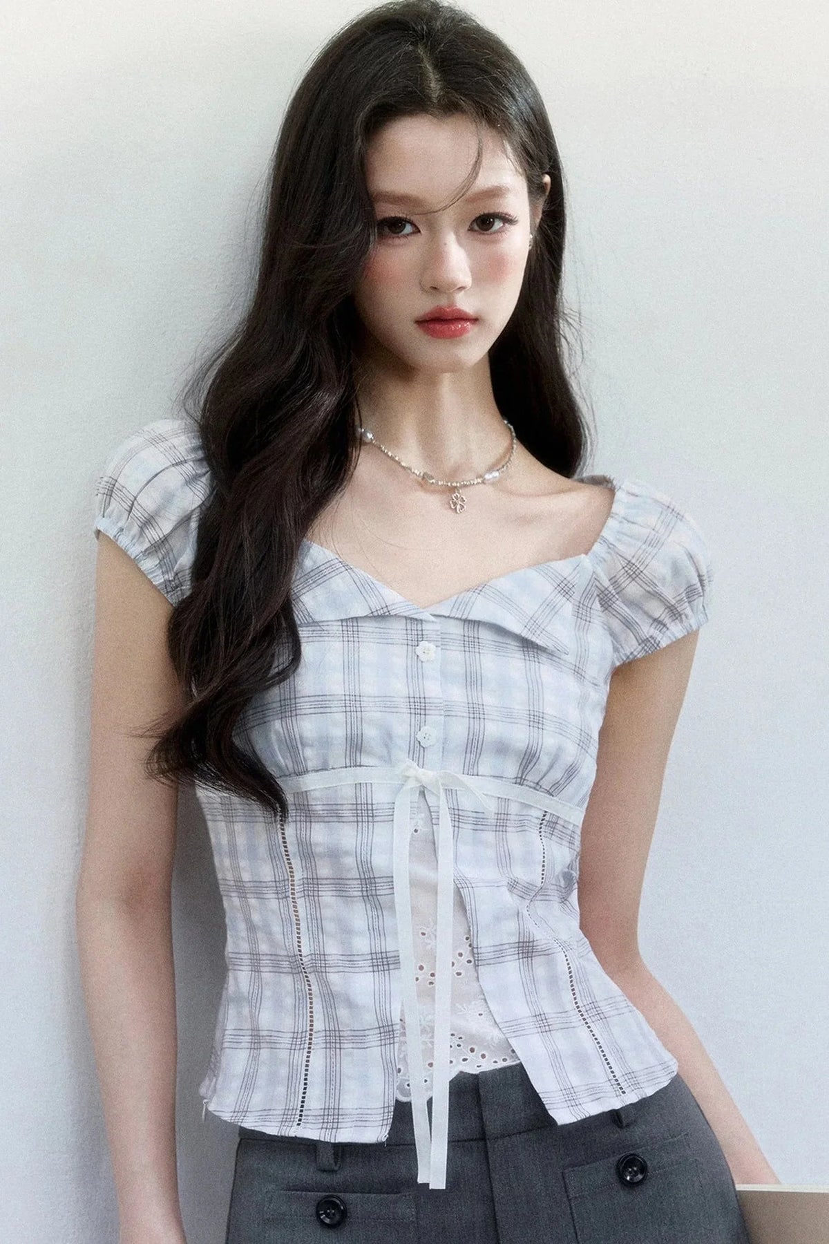 Summer Blue Plaid Patchwork Blouse