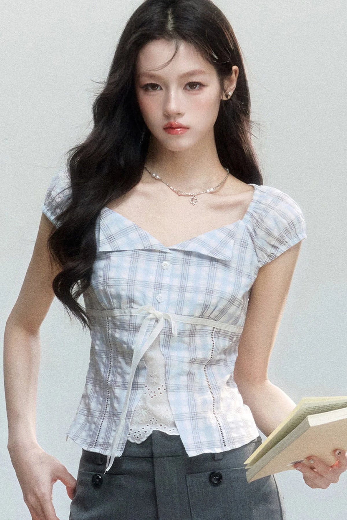 Summer Blue Plaid Patchwork Blouse