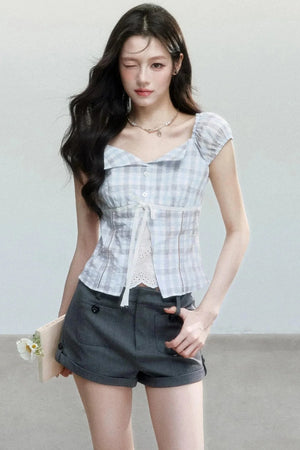 Summer Blue Plaid Patchwork Blouse