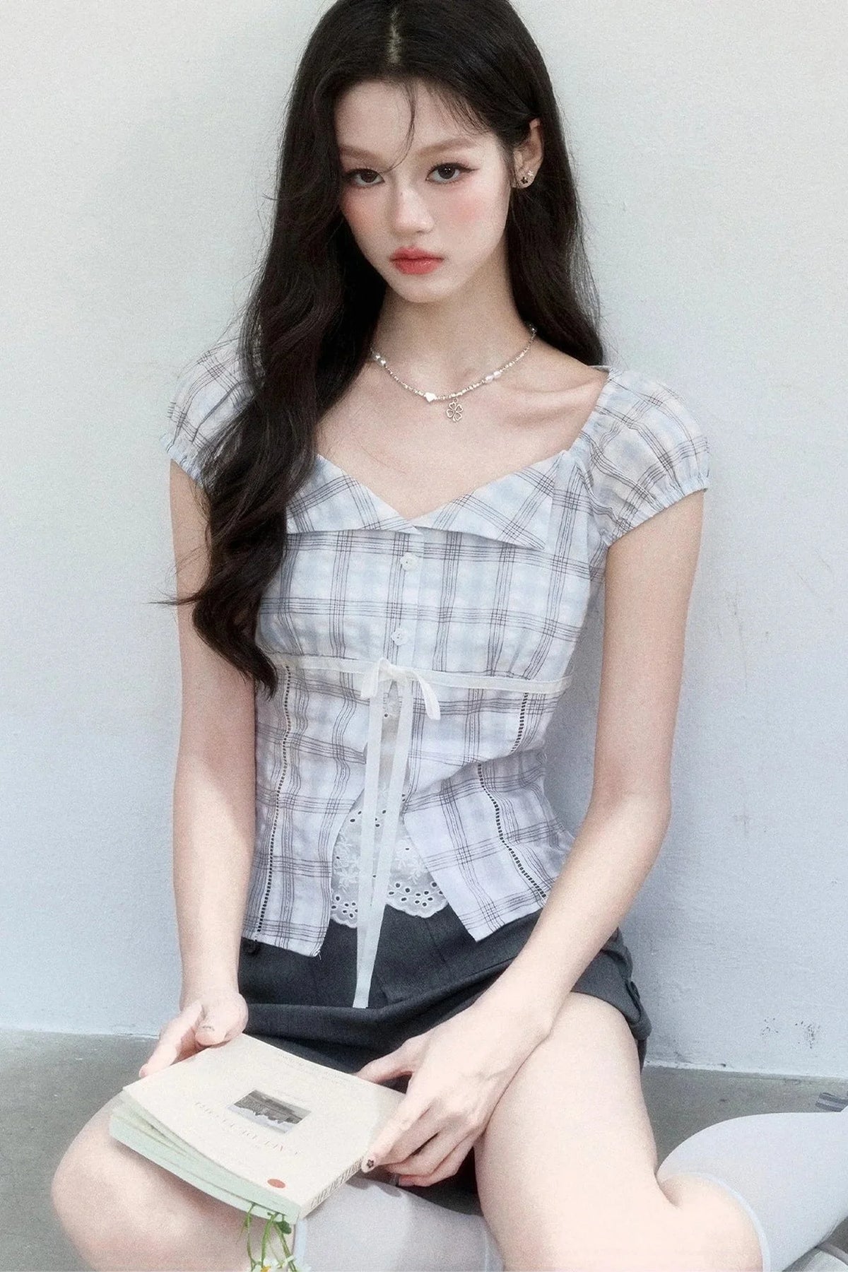 Summer Blue Plaid Patchwork Blouse
