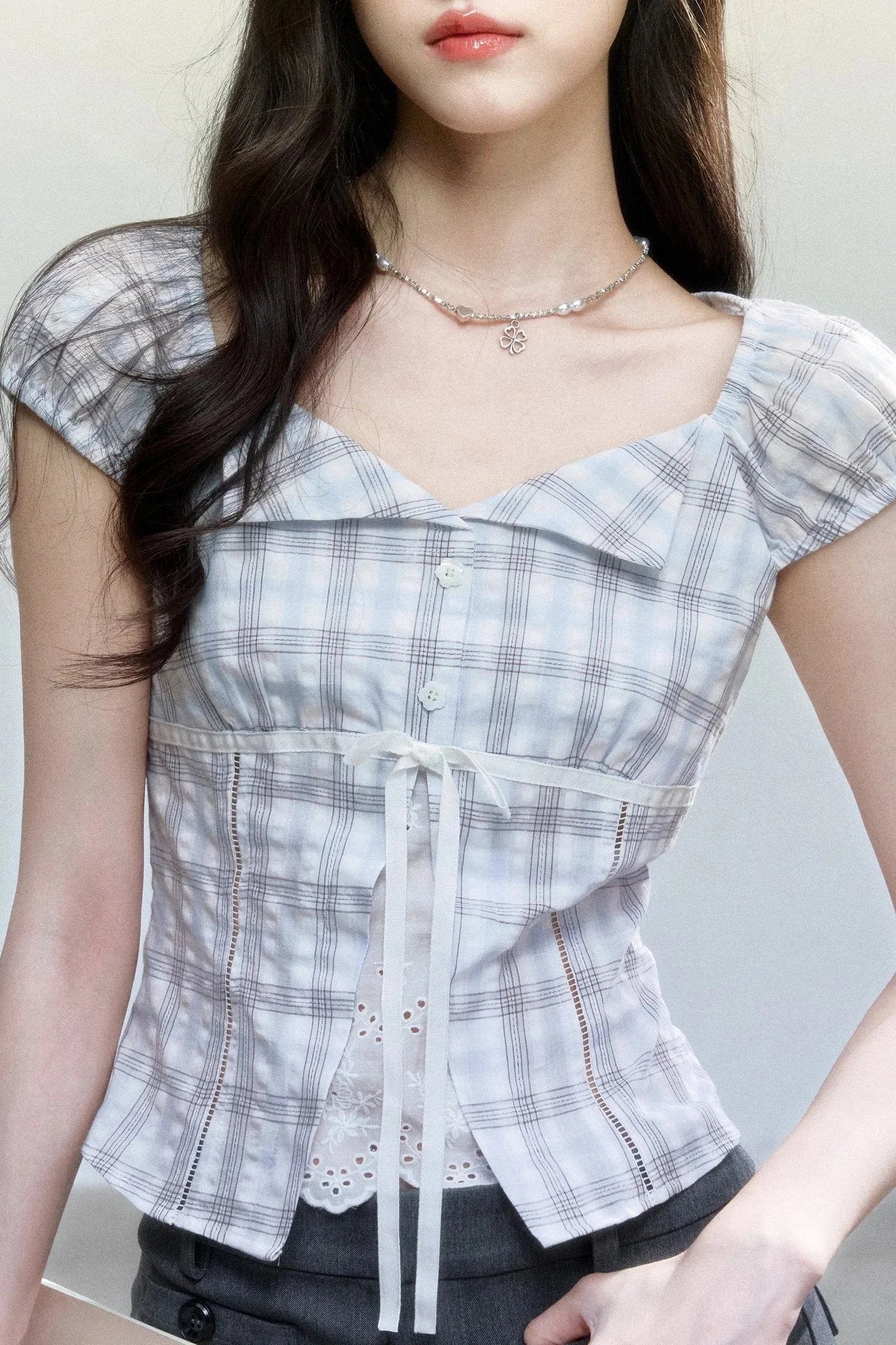 Summer Blue Plaid Patchwork Blouse
