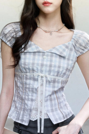 Summer Blue Plaid Patchwork Blouse