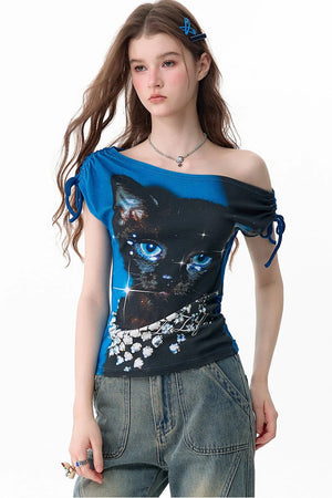 Summer Cat Print One-Shoulder Top