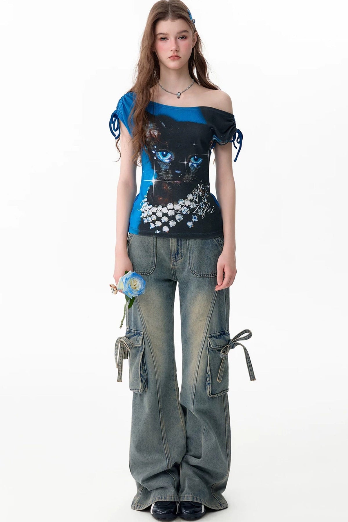 Summer Cat Print One-Shoulder Top