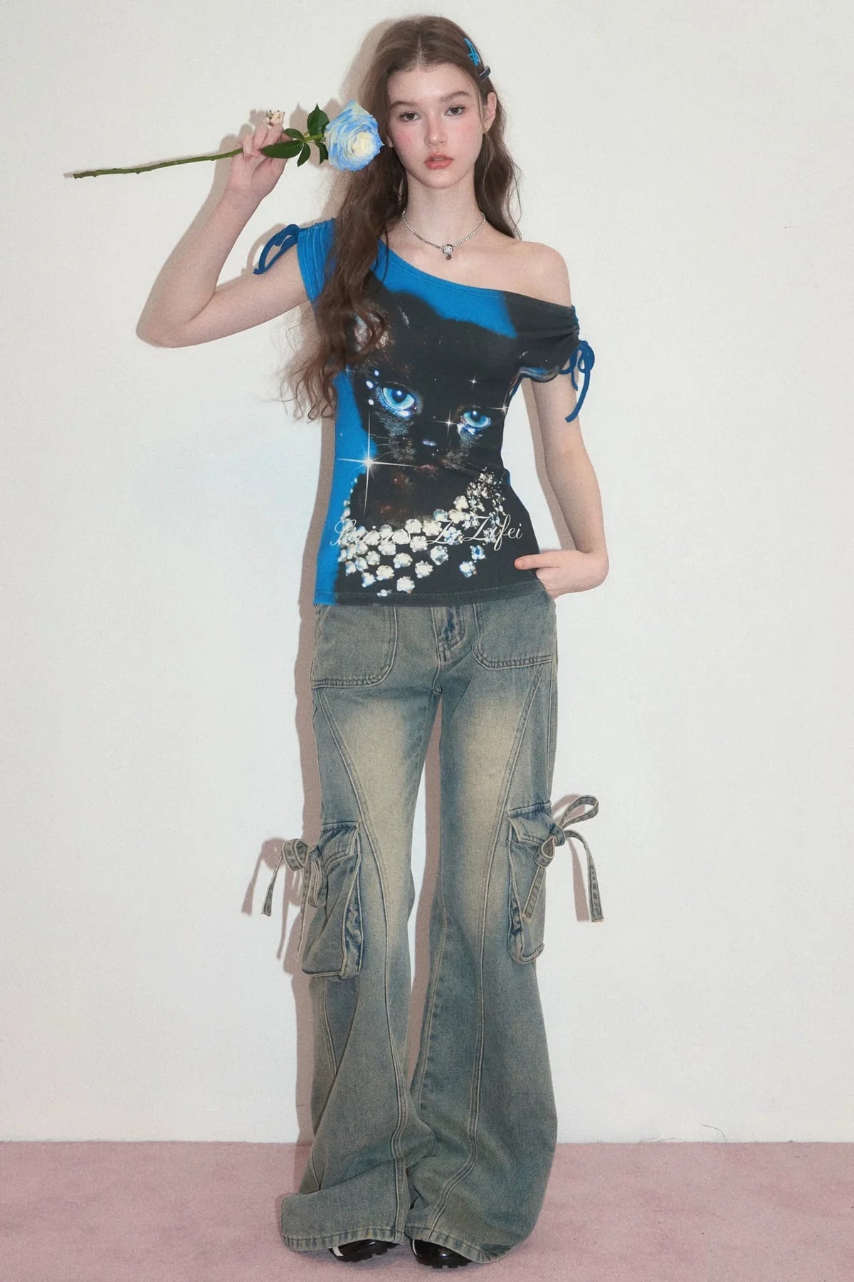 Summer Cat Print One-Shoulder Top