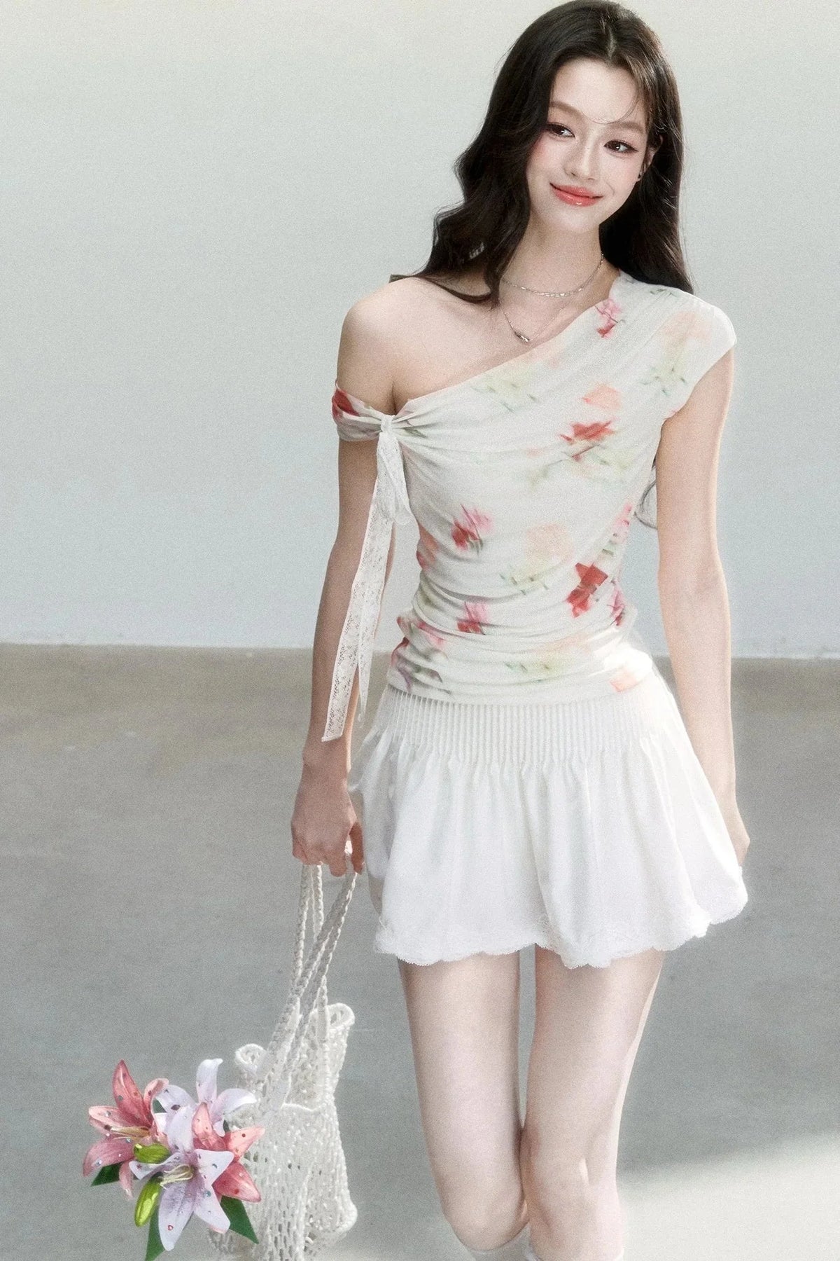 Summer Floral Mesh Off-Shoulder Top Set-Up