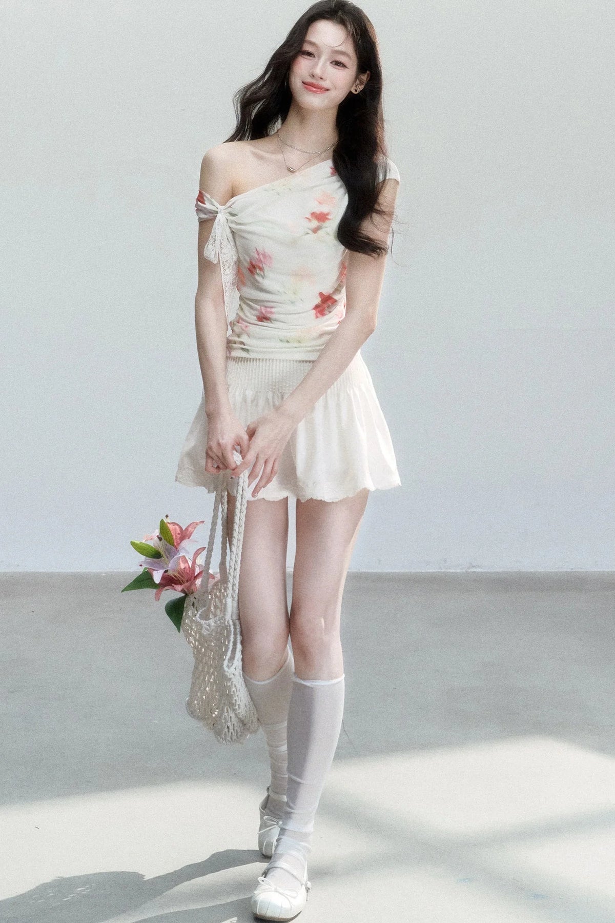 Summer Floral Mesh Off-Shoulder Top Set-Up