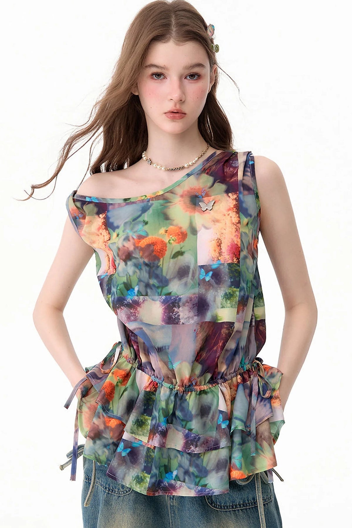 Sunflower Print Ruffle Hem Off-Shoulder Top