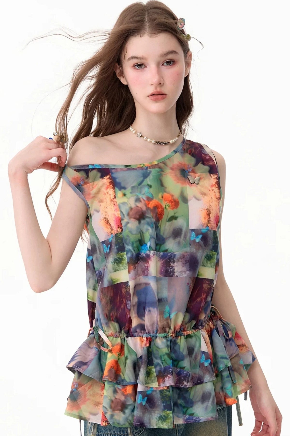 Sunflower Print Ruffle Hem Off-Shoulder Top