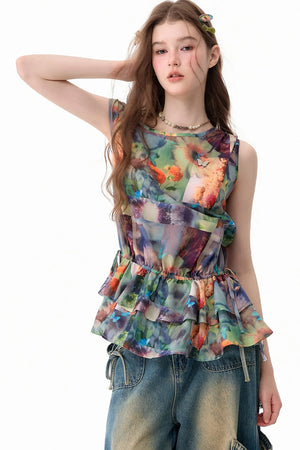 Sunflower Print Ruffle Hem Off-Shoulder Top