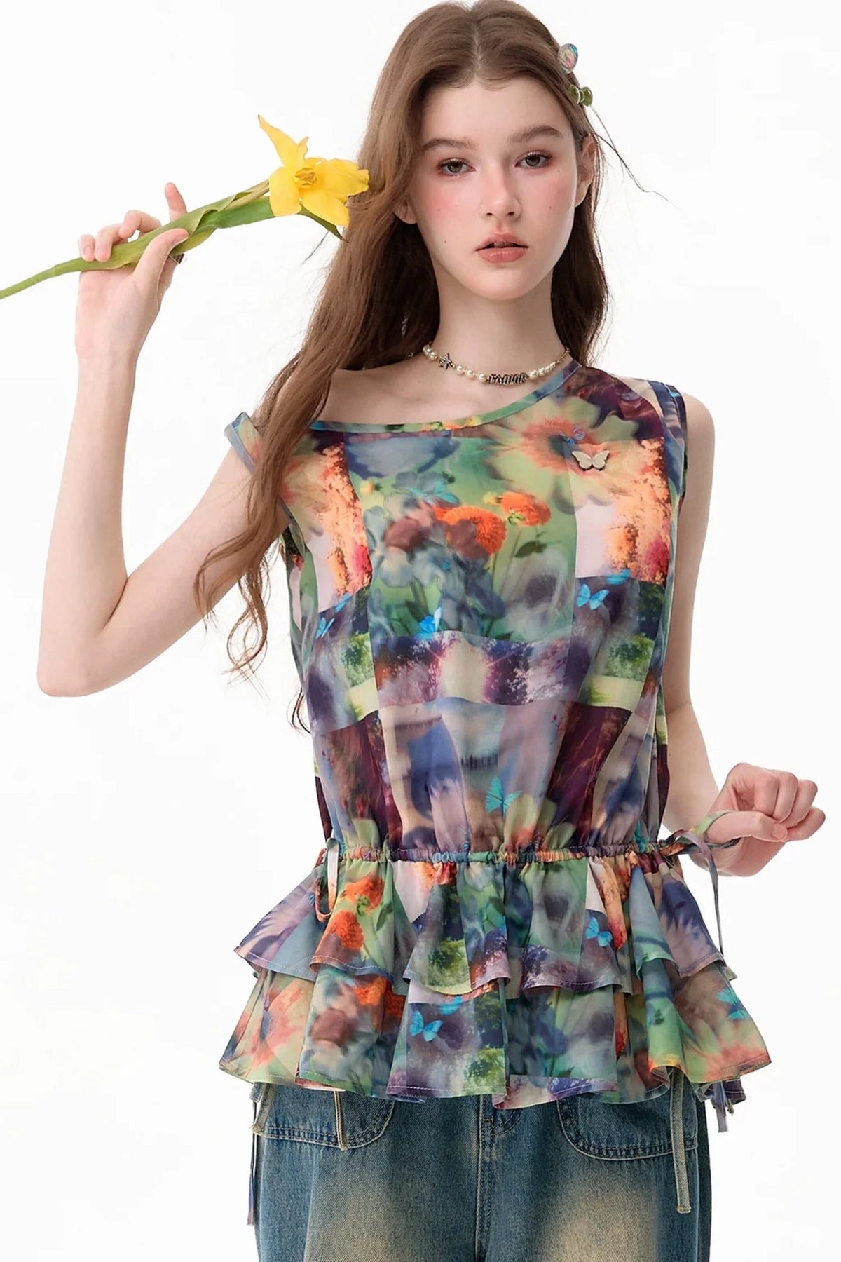 Sunflower Print Ruffle Hem Off-Shoulder Top