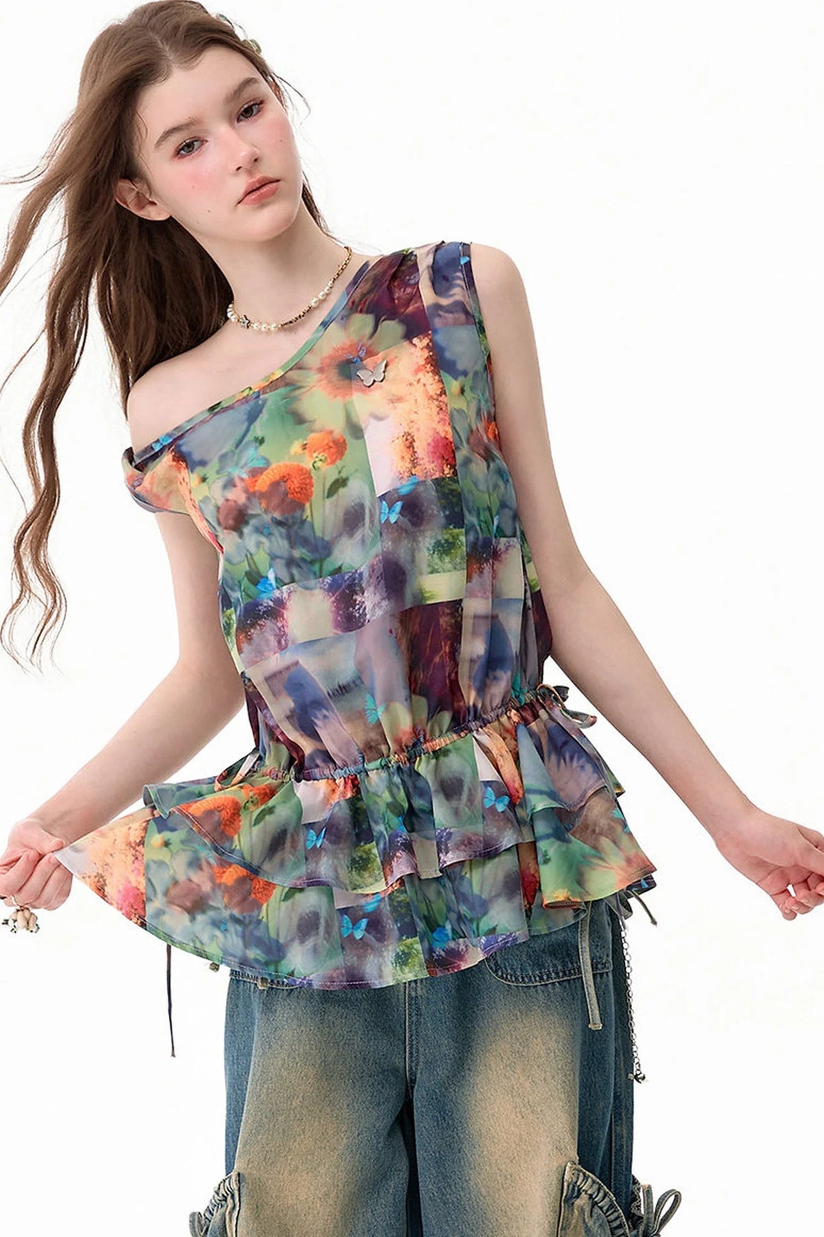 Sunflower Print Ruffle Hem Off-Shoulder Top
