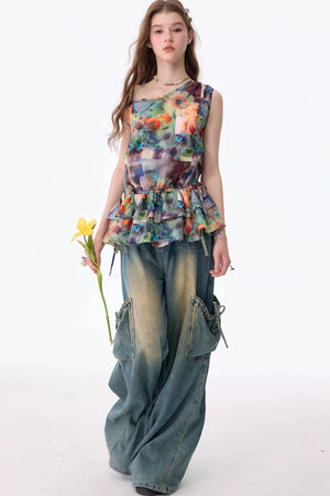 Sunflower Print Ruffle Hem Off-Shoulder Top
