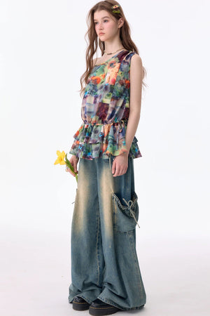 Sunflower Print Ruffle Hem Off-Shoulder Top