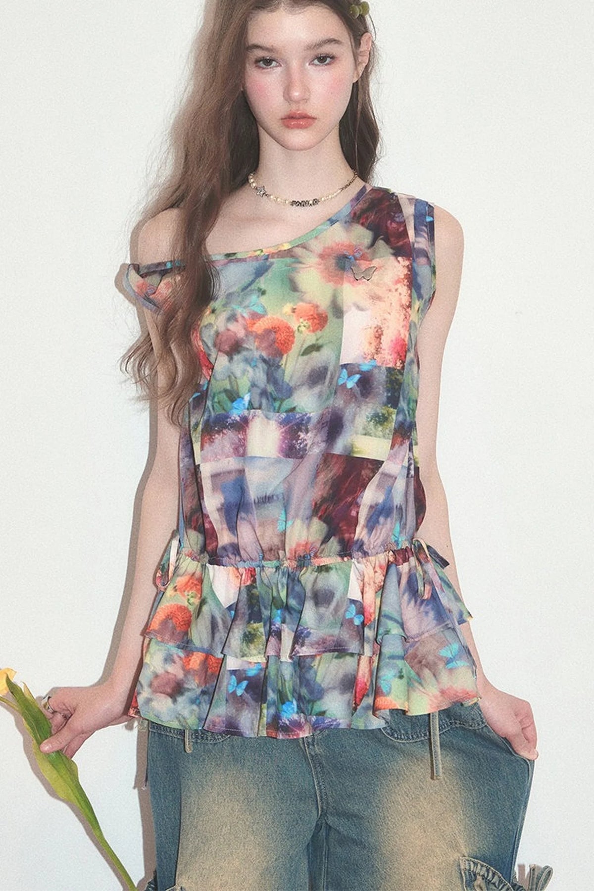 Sunflower Print Ruffle Hem Off-Shoulder Top