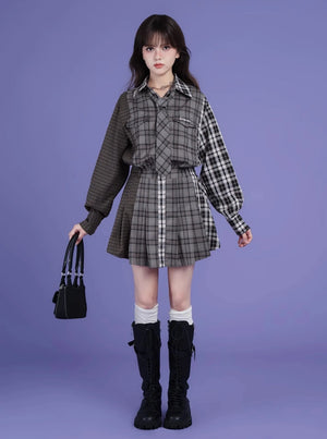 Sweet and patchwork plaid loose shirt dress