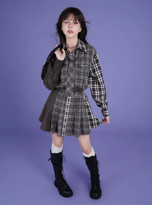 Sweet and patchwork plaid loose shirt dress