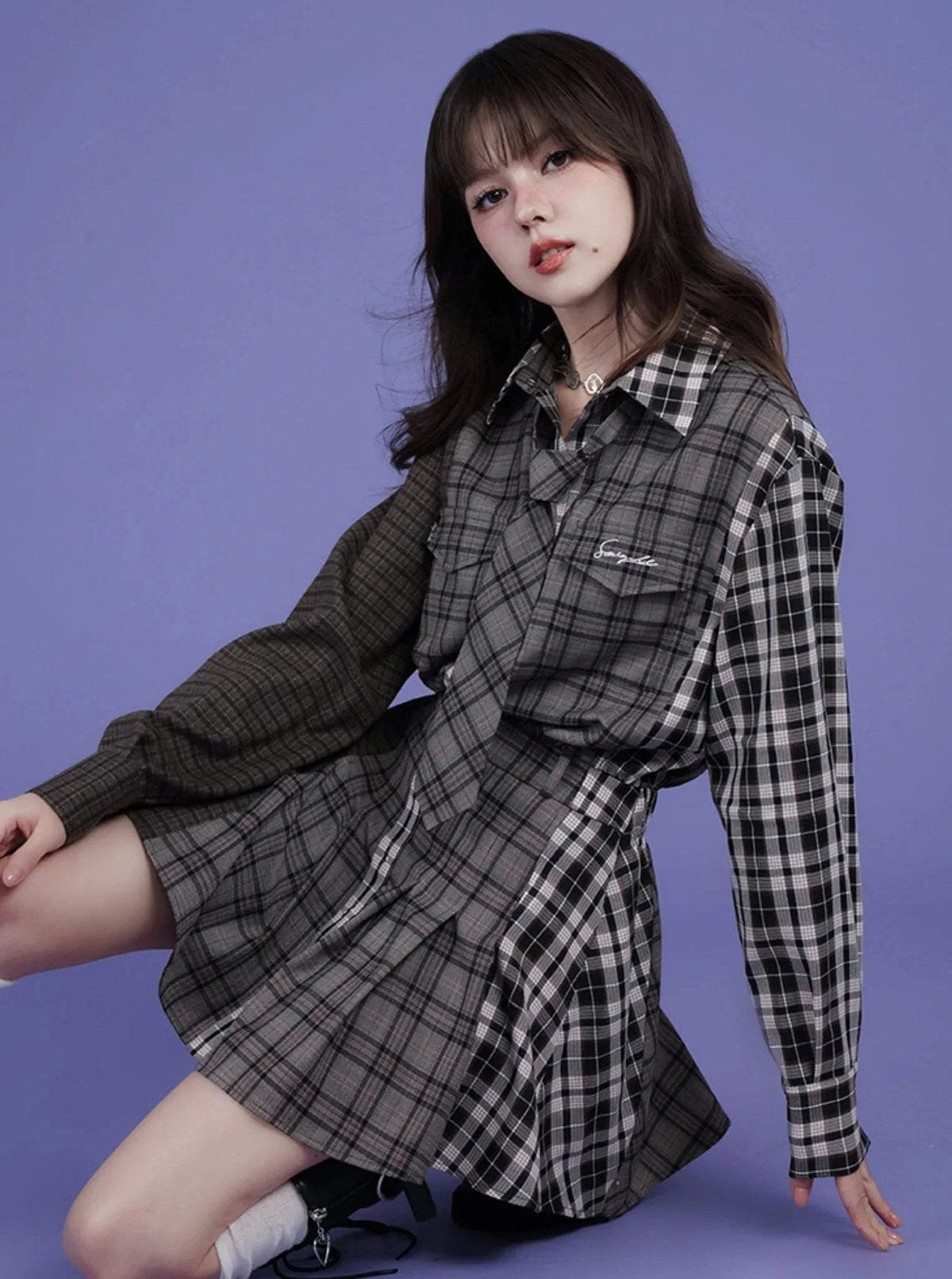 Sweet and patchwork plaid loose shirt dress
