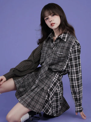 Sweet and patchwork plaid loose shirt dress