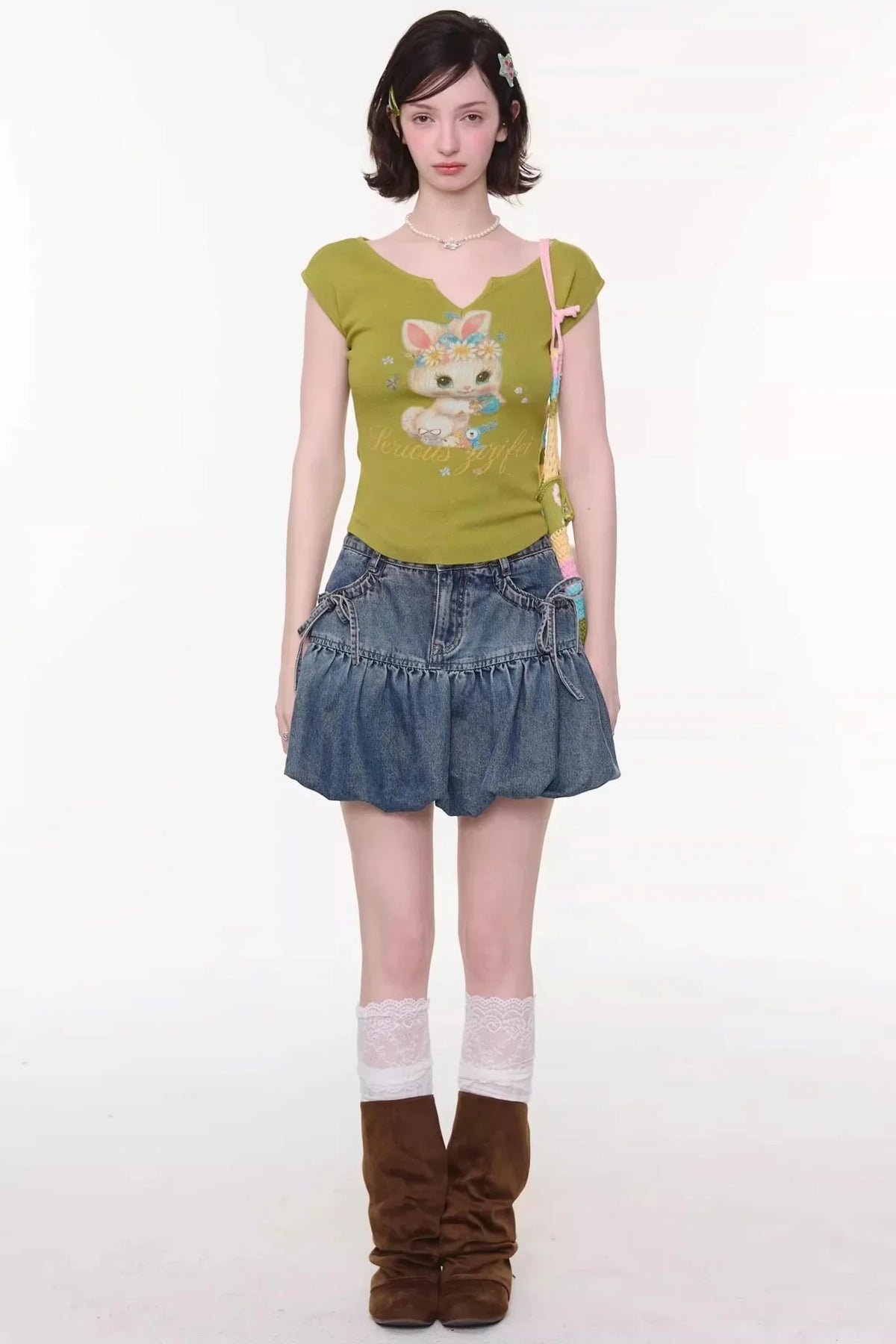 Sweet Bubble Bowknot Denim Skirt