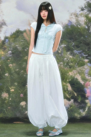 Sweet Girl Lace-Up Puff Sleeve Blouse Set-Up