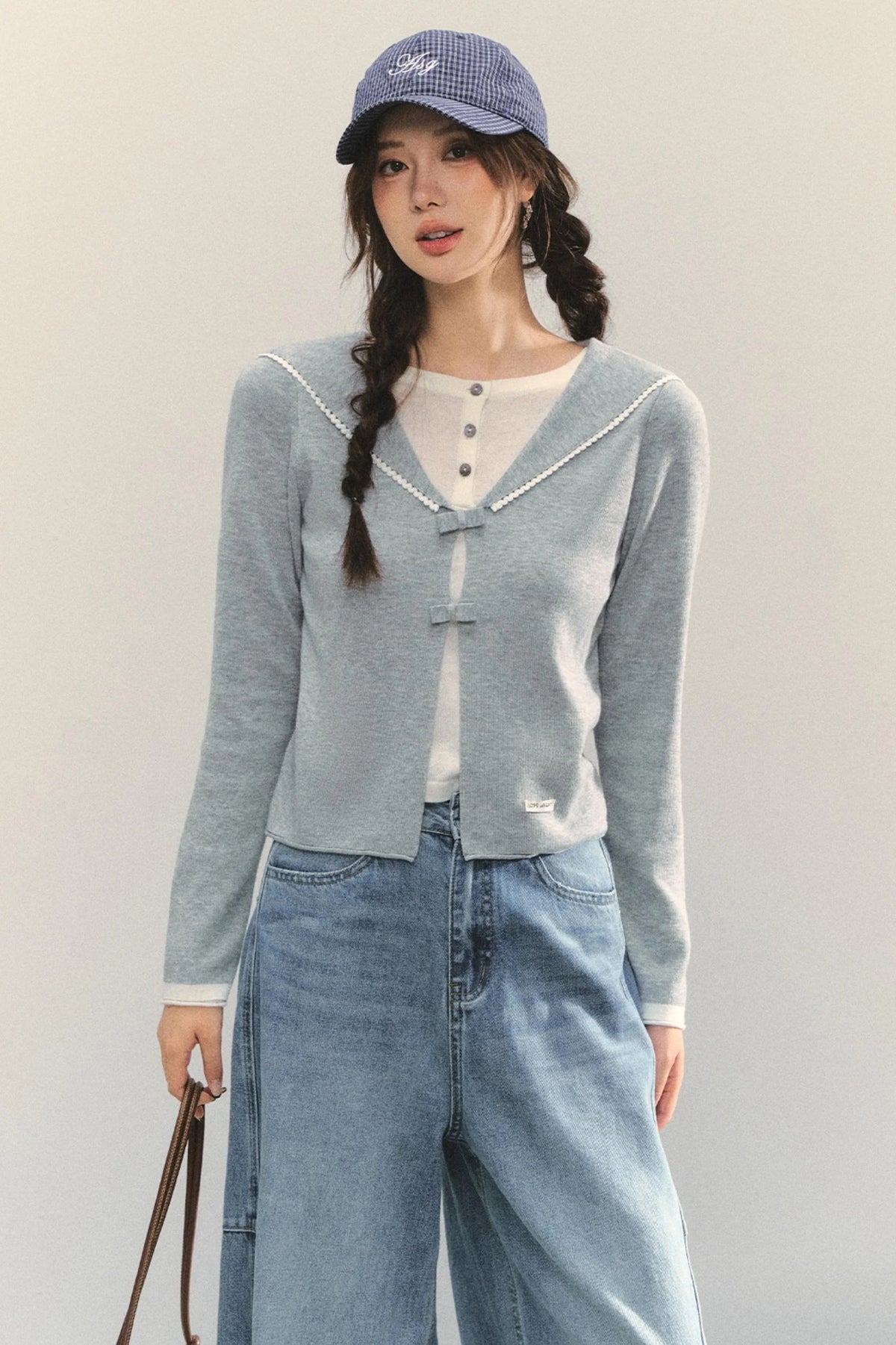 Sweet Navy Neck Knit Cardigan