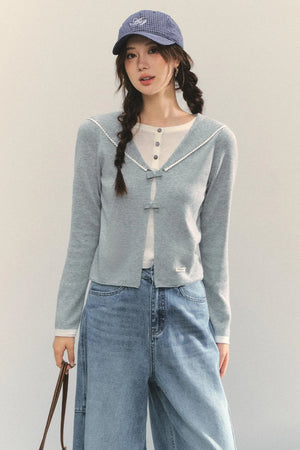 Sweet Navy Neck Knit Cardigan