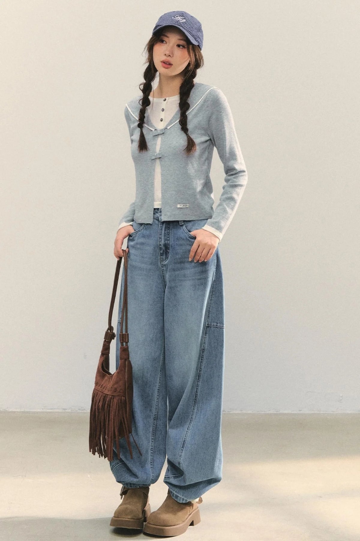Sweet Navy Neck Knit Cardigan