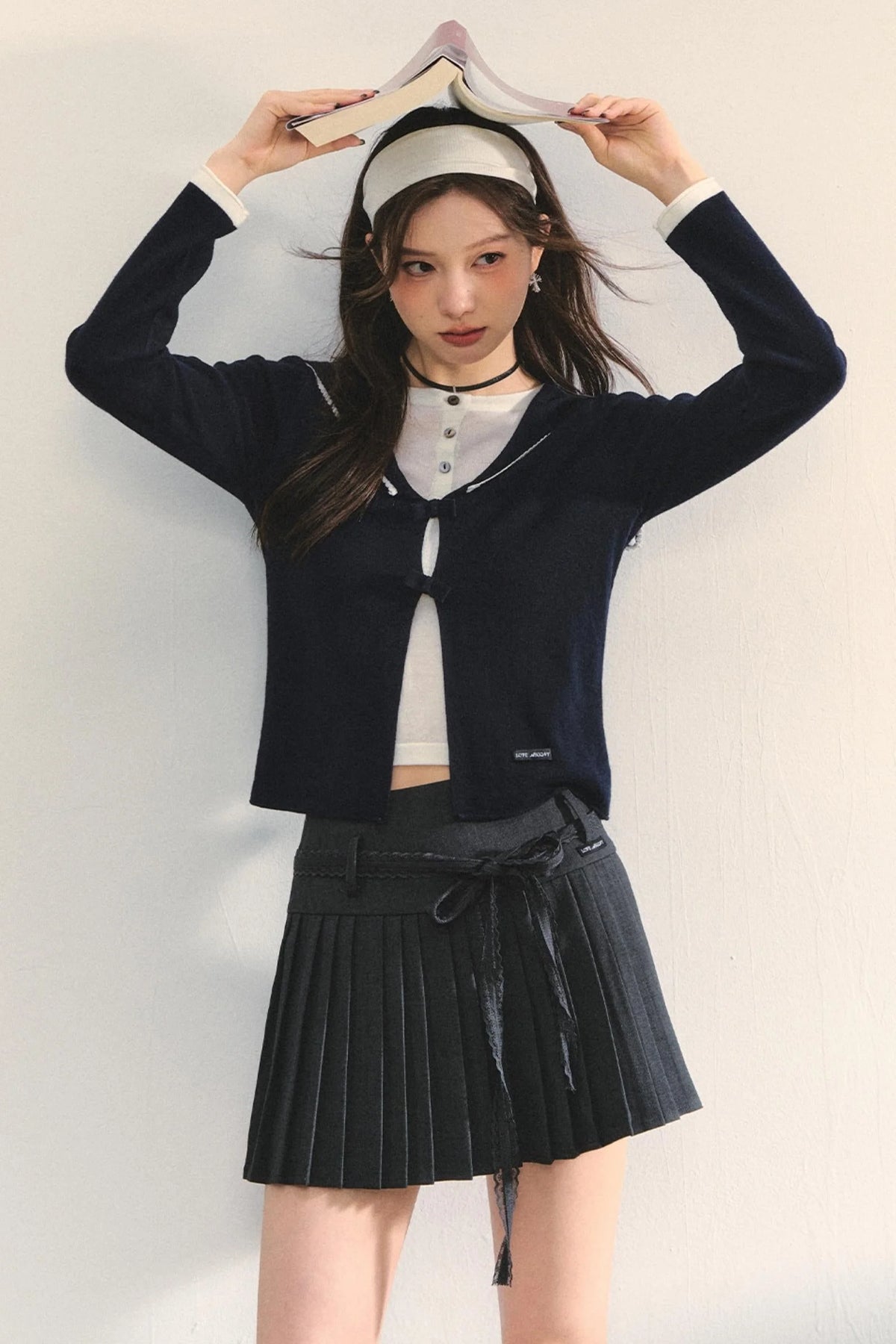 Sweet Navy Neck Knit Cardigan