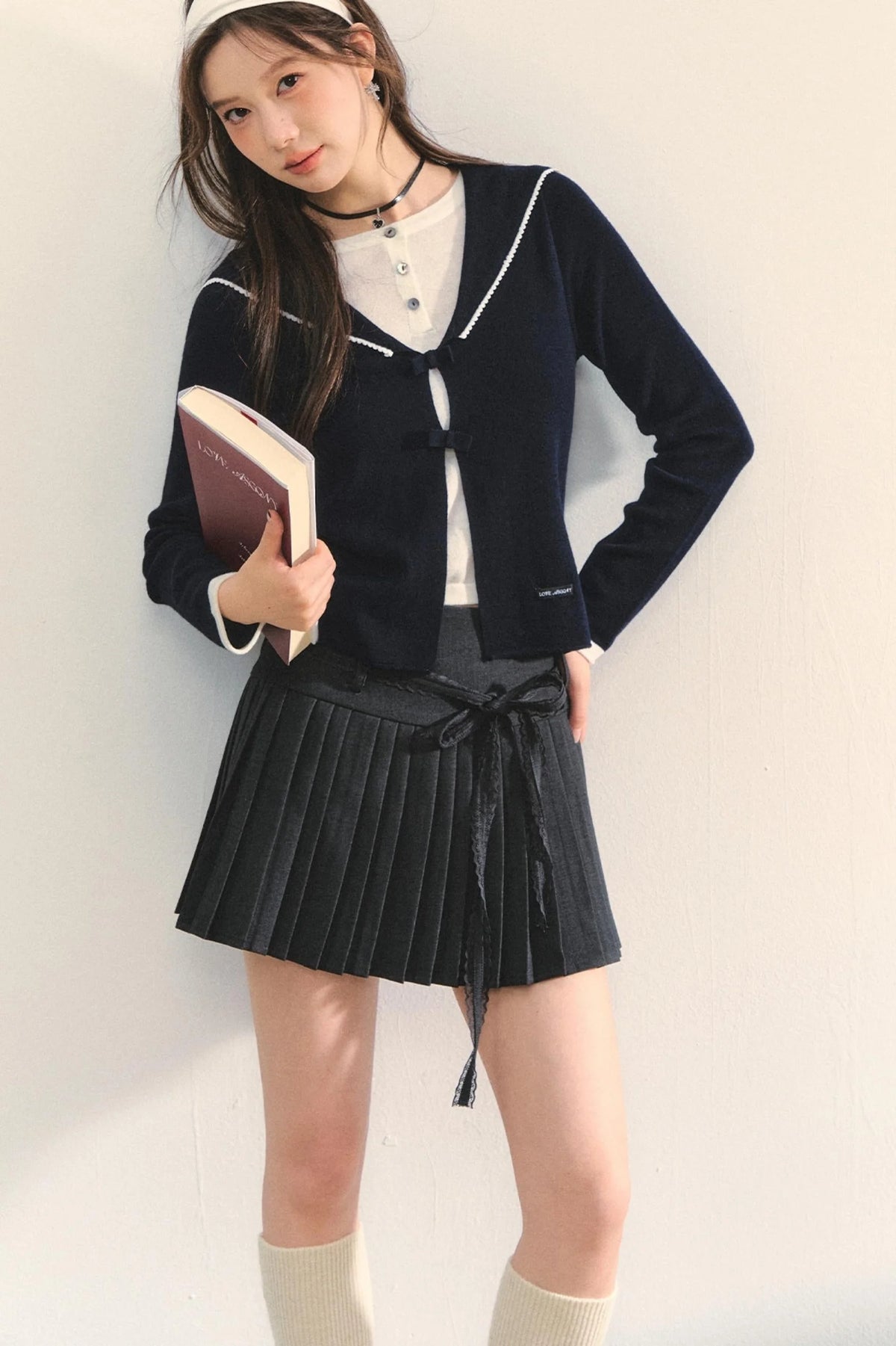 Sweet Navy Neck Knit Cardigan