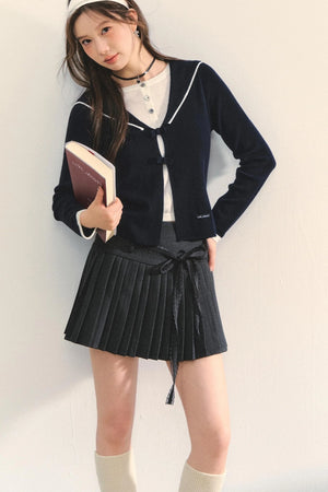 Sweet Navy Neck Knit Cardigan