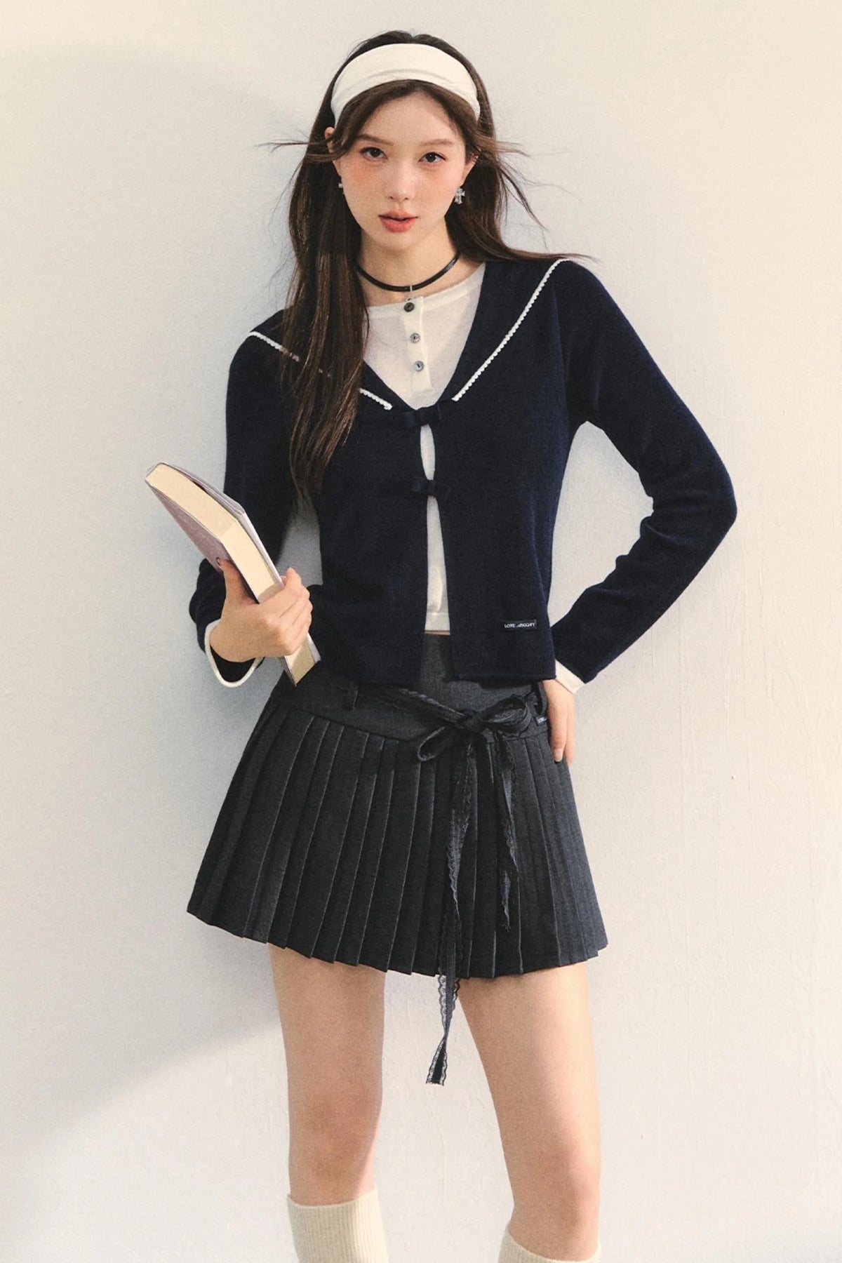 Sweet Navy Neck Knit Cardigan