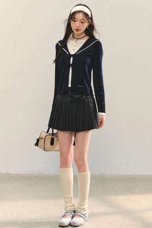 Sweet Navy Neck Knit Cardigan