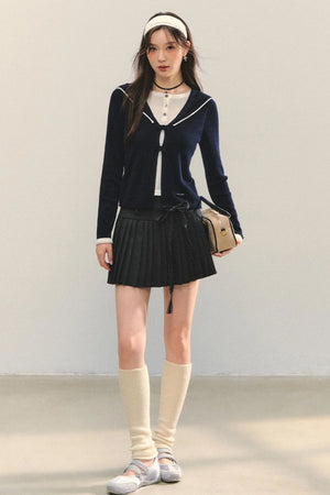 Sweet Navy Neck Knit Cardigan
