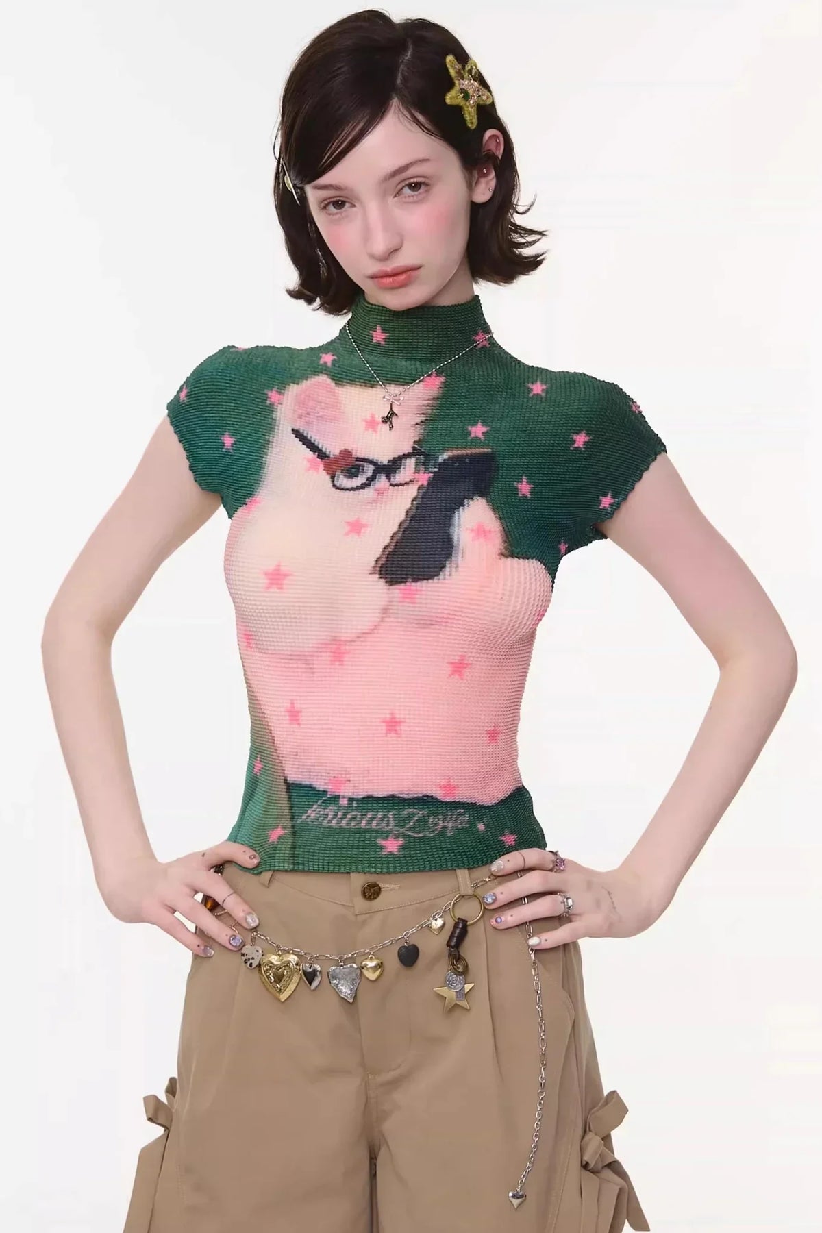 Sweet Pleated Cat Print T-Shirt