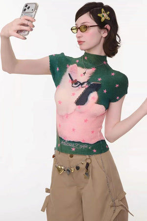 Sweet Pleated Cat Print T-Shirt