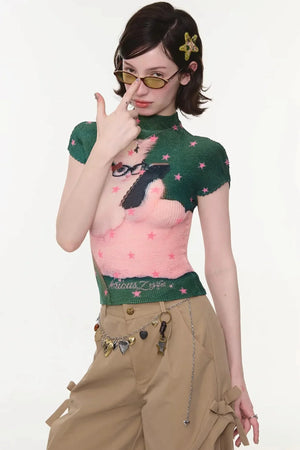 Sweet Pleated Cat Print T-Shirt