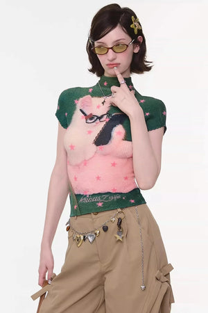 Sweet Pleated Cat Print T-Shirt