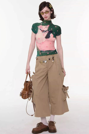 Sweet Pleated Cat Print T-Shirt