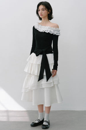 Sweet Slanted Shoulder Long-sleeved T-shirt