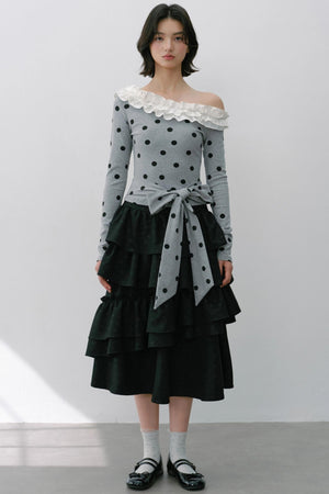Sweet Slanted Shoulder Long-sleeved T-shirt