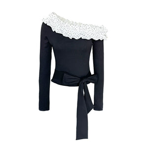 Sweet Slanted Shoulder Long-sleeved T-shirt