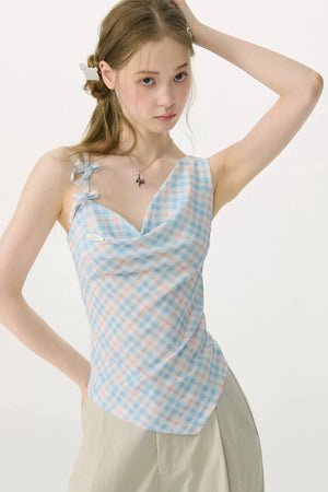 Sweetness Blue Plaid Bowknot Tank Top