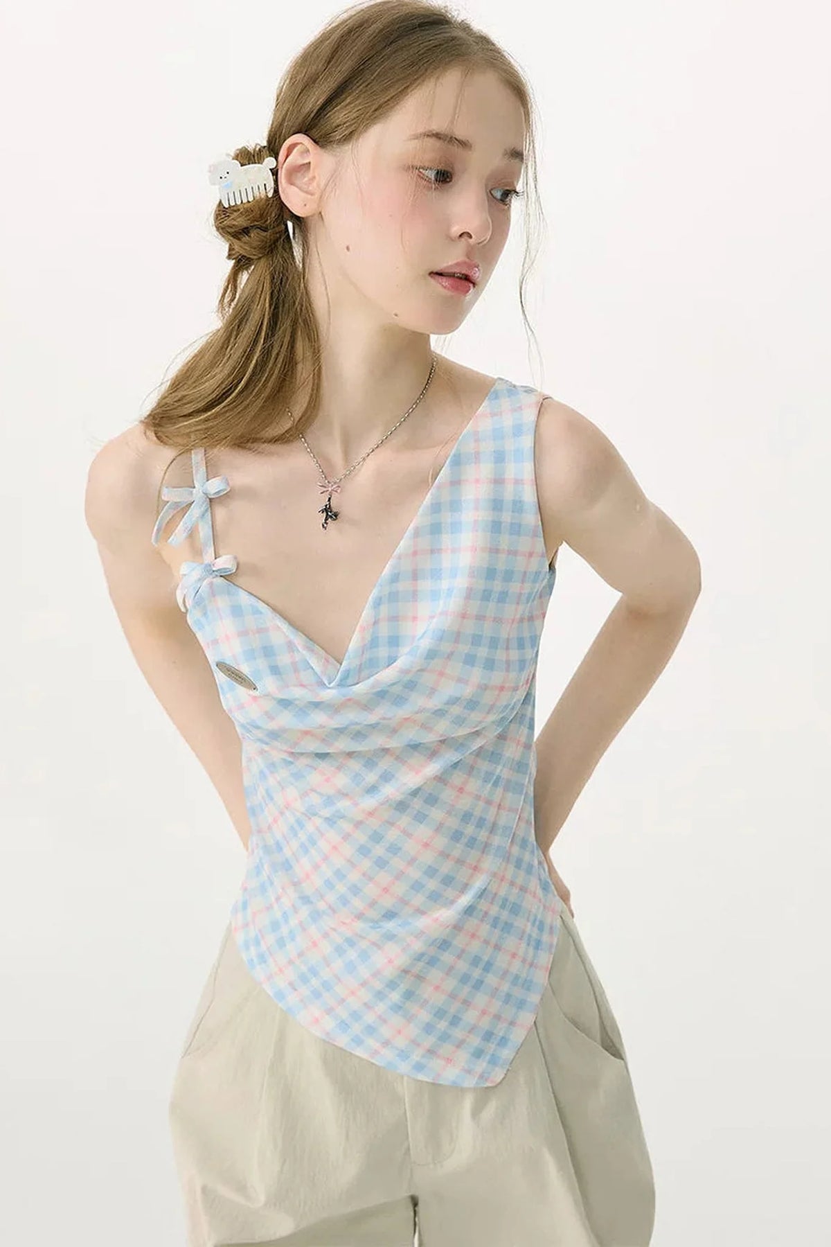 Sweetness Blue Plaid Bowknot Tank Top