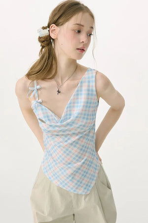 Sweetness Blue Plaid Bowknot Tank Top